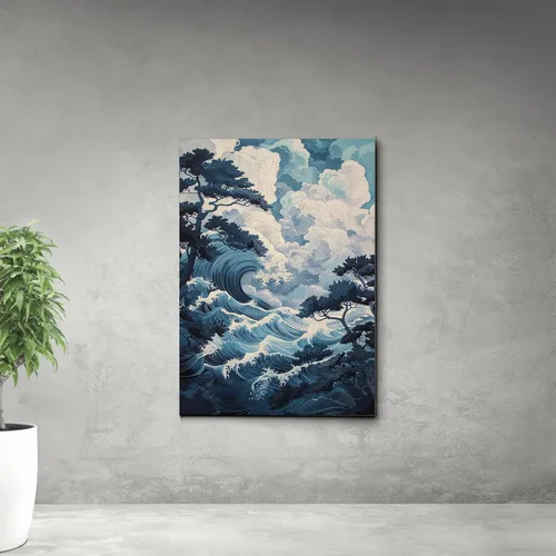 Vista 5 de Canvas Print Canvas Framed Canvas Wall Art Wood Panel Retro Wave Art A Storm Wall Art Print Sea Wave In The Night And Trees Stormy Waves Art Canvas