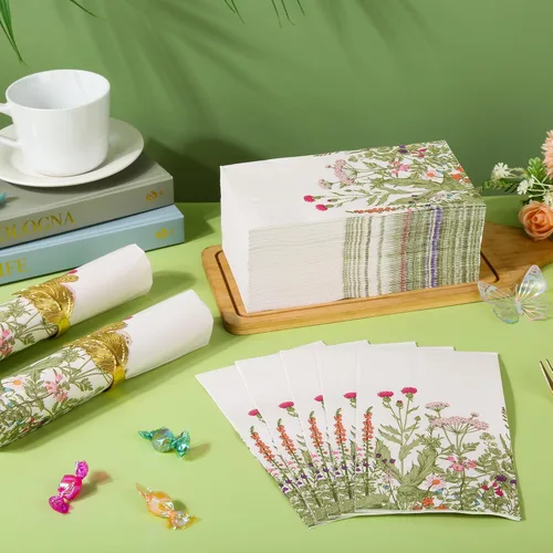 Vista 6 de 100 servilletas de papel de flores silvestres, desechables, floral, 3 capas, servilletas vintage botánicas con hojas verdes, hierbas, toalla de mano