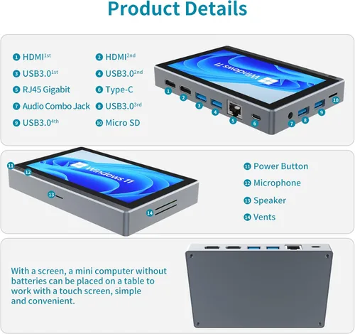 Vista 5 de HIGOLEPC Mini PC con Windows 11 Pro, 8 GB de RAM 128 GB EMMC Intel Celeron J4125 Procesador (hasta 2.7 GHz) Mini computadora con pantalla IPS, PC