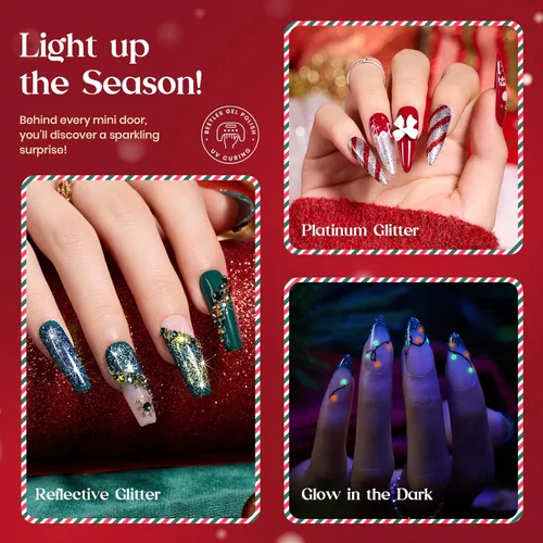 Vista 4 de Beetles - Juego de esmaltes de uñas de gel, 14 + 3 colores, calendario de adviento de belleza 2024, caja roja, verde, rosa, dorada, plateada