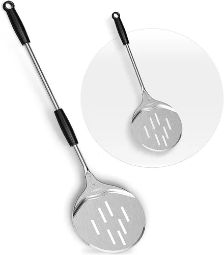 Vista 8 de Cáscara de torneado de pizza, espátula de pizza perforada de 7 pulgadas, espátula de pizza ajustable de mango largo, anodizado endurecido