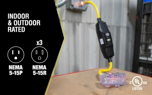 Vista 5 de Southwire Yellow Jacket 2816 Coleman GFCI Quad - Bloque de alimentación en línea - 125 V - 15 A - 12/3 AWG SJTW - 3 tomas de corriente - Amarillo