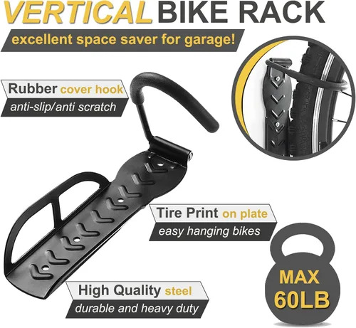 Vista 2 de Soporte de pared para garaje, 2 unidades, ganchos verticales para colgar bicicletas, para almacenamiento en interiores