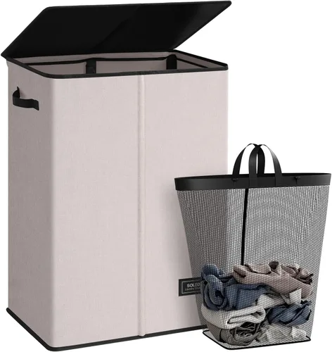 Vista 28 de SOLEDI - Canasta de lavandería con tapa de 100L, canasta de ropa plegable grande y alta, cesta de lavandería con bolsa removible fácil