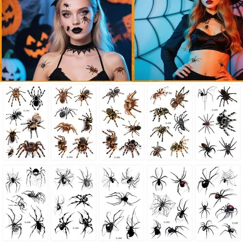 Tatuajes temporales de Halloween, calcomanías de araña falsa para cara y cuerpo, 10 hojas de calcomanías de tatuaje para el día de los muertos,