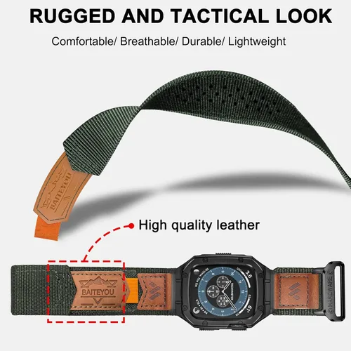 Vista 5 de BAITEYOU Correa con Funda Compatible con Apple Watch Series 6 5 4 SE 3 2 1 44mm 42mm, Correa de Nylon con Funda Resistente de Acero Inoxidable