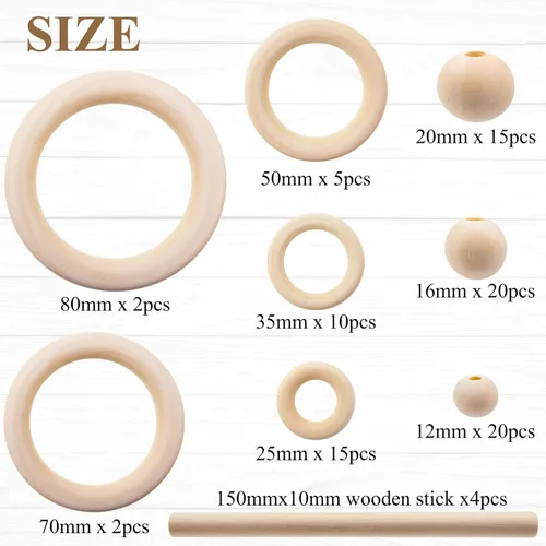 Vista 2 de El kit de macramé de 93 piezas incluye 4 palos de madera de macramé, 34 anillos de madera, círculos de 55 cuentas de madera sin terminar, anillos