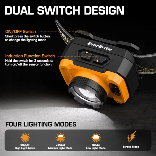 Vista 2 de EverBrite Linterna frontal de 600 lúmenes, faro recargable con 4 modos, lámpara de cabeza súper brillante con foco y luz de inundación, sensor
