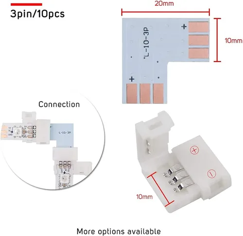 Vista 3 de El kit de conector de tira LED RGB de 3 pines incluye 10 puentes de tira LED, 10 conectores en forma de L, 10 conectores sin huecos, 20 clips
