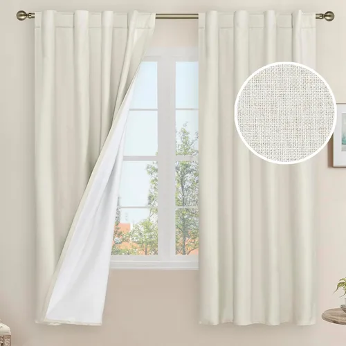 Vista 125 de LAMIT Cortinas opacas cortas de lino de 30 pulgadas para ventanas de cocina sobre el fregadero, cortinas de café texturizadas de lino marfil
