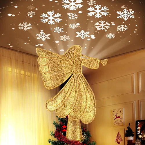 Vista 14 de Brightown - Punta de árbol de Navidad con proyector LED 3D de copo de nieve con purpurina integrado, muñeco de nieve dorado para decoración navideña