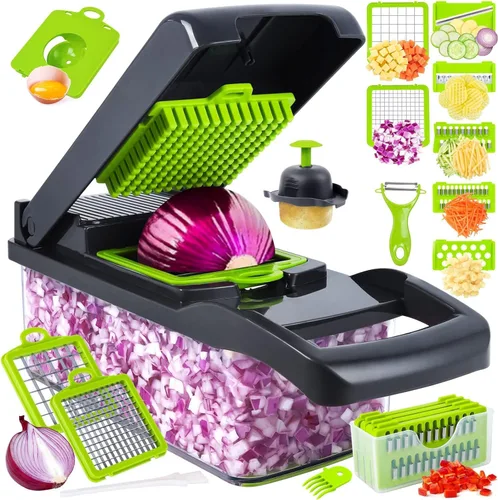 Picador de Verduras, Picador Profesional de Cebolla, Picador de Alimentos Multifuncional 14 en 1, Rebanador Picador Cortador de Verduras de Cocina,