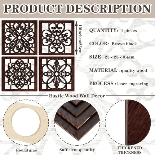 Vista 6 de Yulejo Decoración de pared rústica gruesa de 4 piezas, diseño hueco de madera tallada, arte de pared rústico para sala de estar, dormitorio, Negro