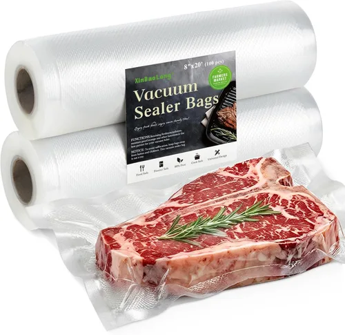 Bolsas selladoras al vacío para alimentos, rollos de bolsas de comida de 8 x 20 pulgadas, paquete de 2 unidades, grado comercial, resistente, sin