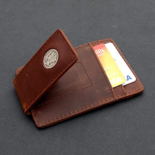 Vista 5 de US 1943 Mercury Dime 90% Silver 10 Cent Coin Magnetic Money Clip and Wallet Combo New - Crazy Horse Water Buffalo Leather