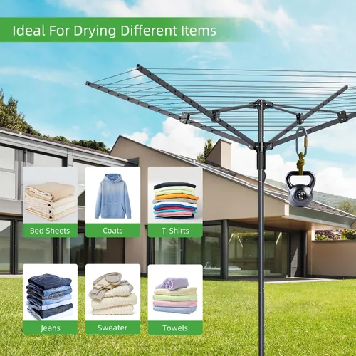 Vista 6 de Estante de secado de ropa para paraguas al aire libre, espacio de secado de 165 pies, 4 brazos y 12 líneas, marco de acero con punta de tierra