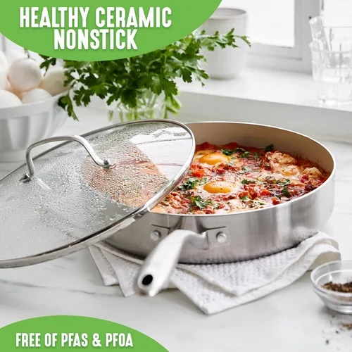 Vista 2 de GreenLife Triple capa de acero inoxidable saludable de cerámica antiadherente, 3.75 cuartos de galón con tapa, sin PFAS, revestimiento múltiple