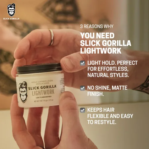 Vista 3 de Slick Gorilla Lighwork - Arcilla mate para el cabello para hombres de 2.5 onzas, acabado mate, sujeción flexible, arcilla ligera para peinar, a base