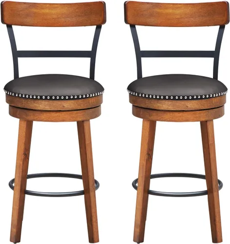 Vista 10 de COSTWAY Juego de 2 taburetes de bar, taburetes giratorios de 360 grados con asiento acolchado de cuero, respaldo de escalera de un solo listón
