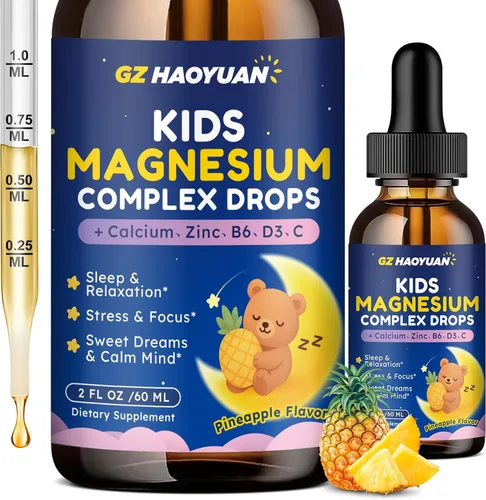 Complejo líquido de magnesio para niños: glicinato de magnesio, malato, taurato, citrato con calcio, omega-3, L-teanina, zinc, vitamina B6 D3 C para