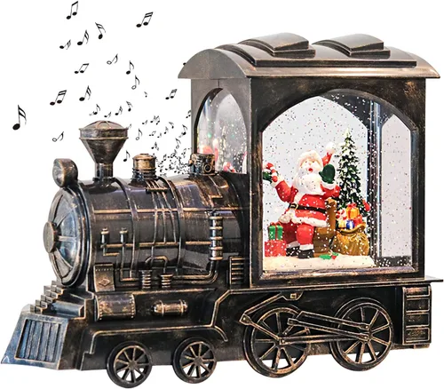 GenSwin Linterna de globo de nieve con tren iluminado con música, nieve de agua, brillante, funciona con pilas, con temporizador, decoración musical
