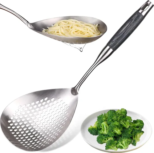 Vista 20 de MARTE Cuchara ranurada de 14.8 pulgadas para pasta, cuchara para cocinar y freír, cuchara coladora de cocina con mango de madera negra resistente al