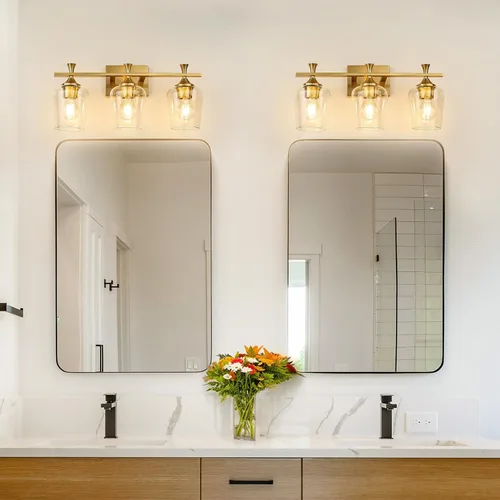 Vista 2 de Lámpara de tocador de baño de 3 luces, accesorios de iluminación dorados sobre el espejo, apliques de pared modernos con pantalla de vidrio