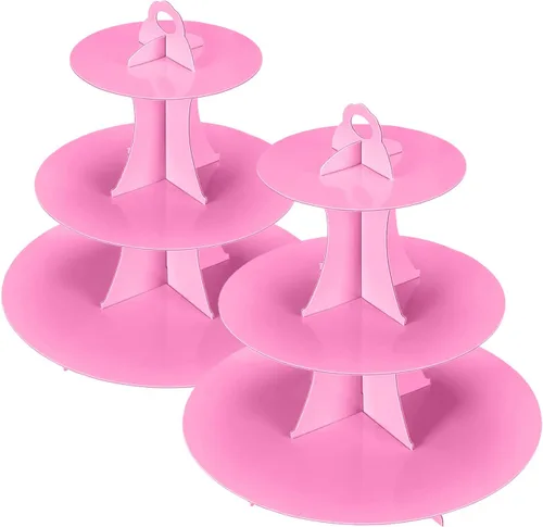 Vista 30 de YLDW Soporte para cupcakes de 3 niveles, soporte de torre de cartón para tartas, soporte de postre desechable para cumpleaños, fiesta de té Negro