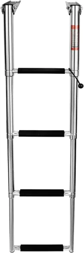Vista 3 de Young Marine Escalera telescópica y plegable de acero inoxidable para barco con estribo de plástico blanco, montaje sobre plataforma
