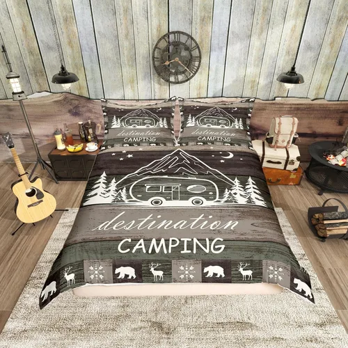 Vista 20 de Funda de edredón Happy Camping, juego de ropa de cama con temática de cámper para niños, funda de edredón de estilo rústico para decoración