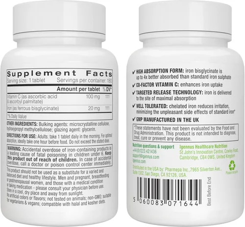 Vista 8 de Igennus - Bisglicinato de hierro limpio de 20 mg, vitamina C, suministro para 6 meses, fórmula quelada suave de alta absorción y bisglicinato
