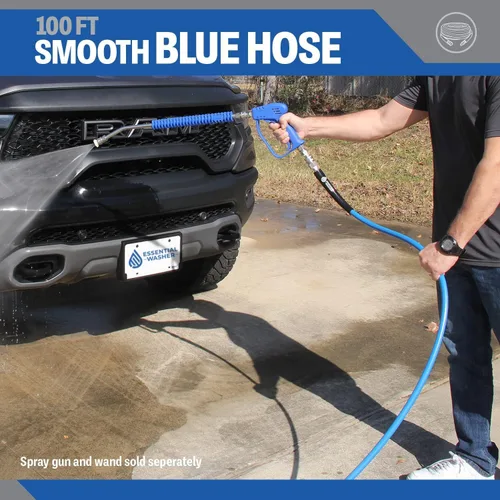 Vista 6 de Essential Washer Manguera azul para lavadora a presión de 100 pies con accesorios de conexión rápida 3/8 y salida giratoria 360 4000 PSI