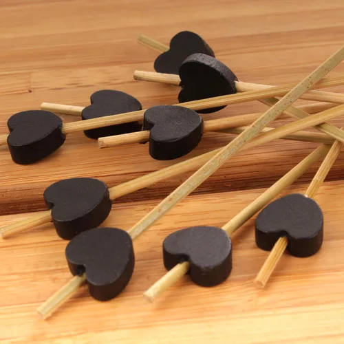 Vista 6 de BambooMN Pinchos decorativos de 3.9 pulgadas para sándwiches de frutas de cóctel de bambú con corazón negro para eventos con catering, vacaciones, 10