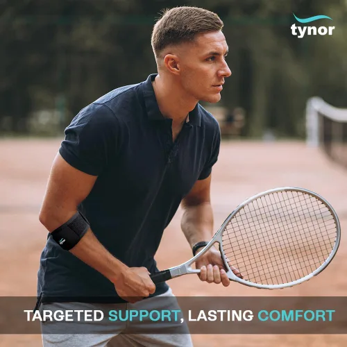 Vista 4 de TYNOR Soporte para codo de tenis para hombres y mujeres, correa ajustable para el codo, alivio del dolor con almohadilla de compresión, banda