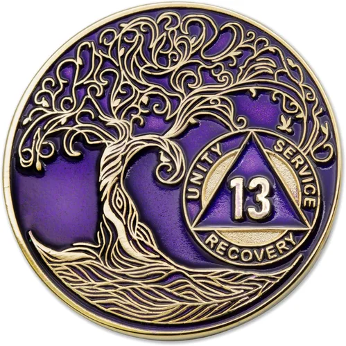 Vista 229 de 1 año Sobriety Mint Twisted Tree of Life Medallón de recuperación AA chapado en oro, chip/ficha - negro