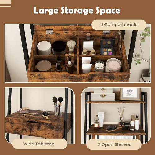 Vista 3 de CHARMAID Juego de escritorio de tocador de escalera – Mesa de tocador de maquillaje con espejo abatible, taburete acolchado, 4 compartimentos