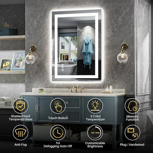 Vista 2 de Briivue Espejo de baño LED de 20 x 28 pulgadas con luces, retroiluminado y frontal iluminado, espejo de tocador de baño con luz antiniebla