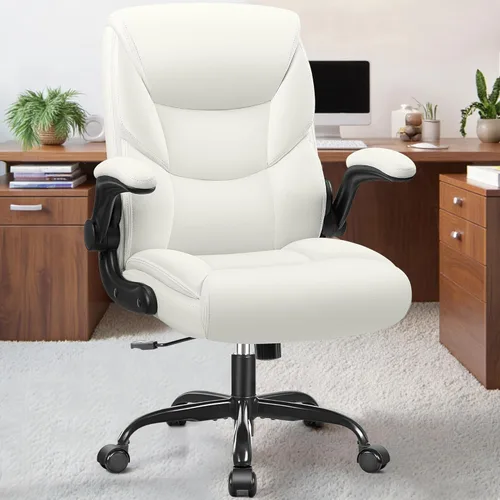 Vista 3 de FelixKing Silla de oficina de cuero, pequeña silla de escritorio ergonómica de poliuretano, cómoda silla de computadora con ruedas y reposabrazos