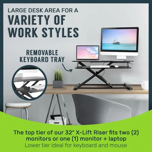 Vista 4 de TechOrbits - Convertidor de escritorio de pie, regulable, para sentarse y pararse, aglomerado, monitor dual con bandeja para teclado, para laptop
