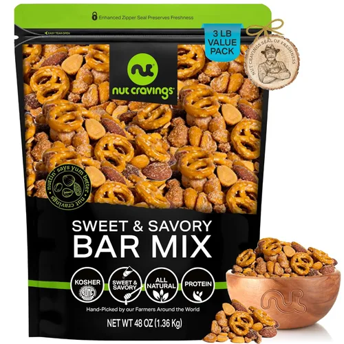 Vista 17 de NUT CRAVINGS - Mezcla de nueces de barra para fiesta, aperitivo dulce y salado de pub - Almendras ahumadas, pretzels, cacahuetes de caramelo