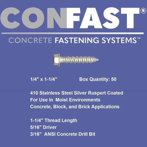 Vista 3 de CONFAST Tornillos de hormigón de 1/4" x 1-1/4" 410 hexagonal de acero inoxidable con broca de hormigón para anclaje a mampostería, bloque o ladrillo