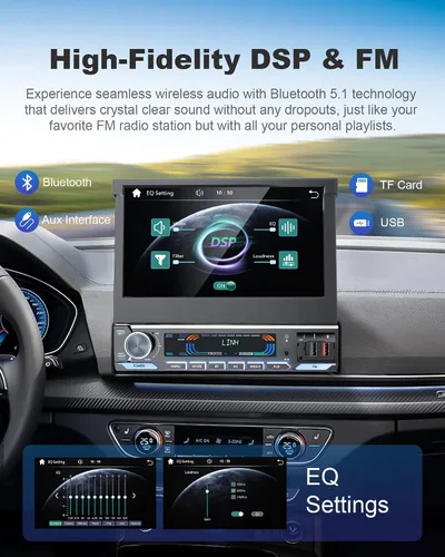 Vista 12 de Estéreo de auto de un solo DIN 2025 con Apple CarPlay y Android Auto - Radio de coche Bluetooth 5.1 de 7 pulgadas con pantalla táctil motorizada