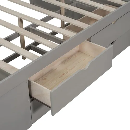 Vista 114 de Quarte Elegante cama de plataforma con estanterías en forma de L, cama de plataforma de madera tamaño individual con 2 cajones de almacenamiento