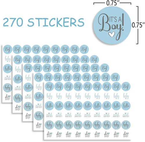 Vista 3 de 270 calcomanías azules para baby shower, 6 diseños, etiquetas circulares autoadhesivas, sellos de sobres de baby shower, calcomanías de caramelo