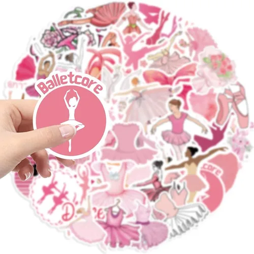 Vista 2 de Lindas calcomanías estéticas de ballet rosa para niñas y mujeres, 50 calcomanías impermeables de ballet para botellas de agua, laptop, álbum