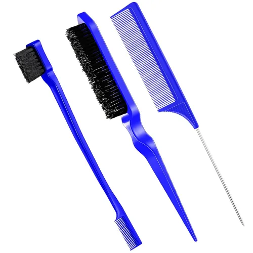 Vista 11 de Geiserailie Juego de 3 cepillos para cabello peinado hacia atrás, cepillo de cerdas, control de bordes, peine para desenredar para cabello negro
