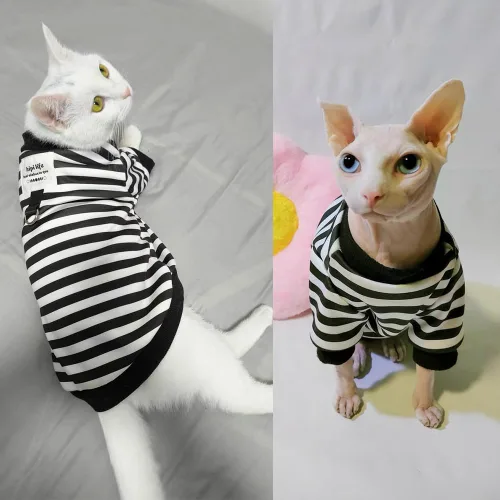 Vista 3 de Sudaderas con capucha para perro con anillo para correa, camisa cálida a rayas para perros pequeños, hembras, niños, gatos, suéter de invierno