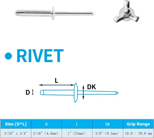 Vista 2 de 60 remaches de aluminio de tres pliegues, 316 pulgadas x 1 pulgada, surtido de remaches ciegos, color plateado