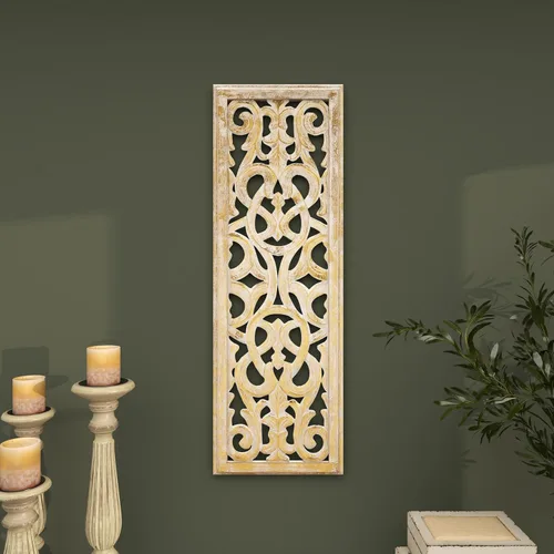 Vista 9 de Deco 79 Decoración de pared de madera floral hecha a mano para el hogar, escultura de pared arabesca tallada intrincadamente, arte de pared de 12 x