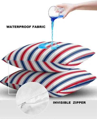 Vista 4 de Juego de 2 fundas de almohada impermeables para sofá, fundas de almohada decorativas de líneas rojas y azules a rayas de 18 x 18 pulgadas